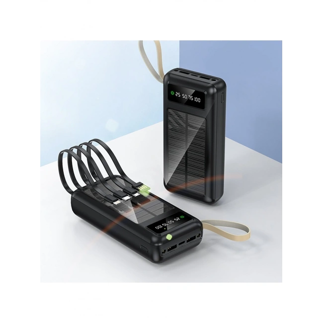PW-61 Solar Panelli LCD Göstergeli Dahili Kablolu Powerbank 30.000mAh