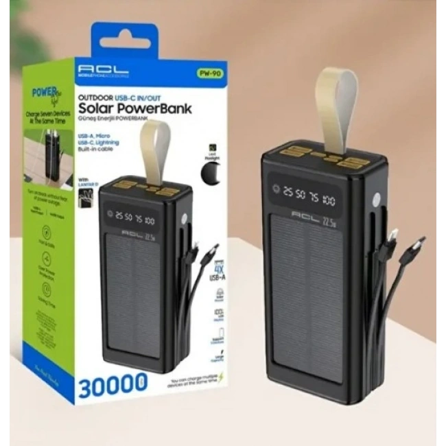 PW-90 LCD Ekran Dahili Mikro Type-C Lightning 4 x USB Powerbank