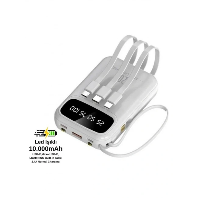 PW-97 2.4A LCDli 1xUSB-A Dahili Mikro Type-C Lightning 10.000mAh Powerbank