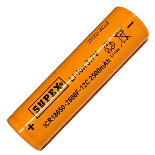 Supex ICR18650 3.7V 2500mAh Li-ion Şarjlı Pil 12C Deşarj Akımı (Başsız)