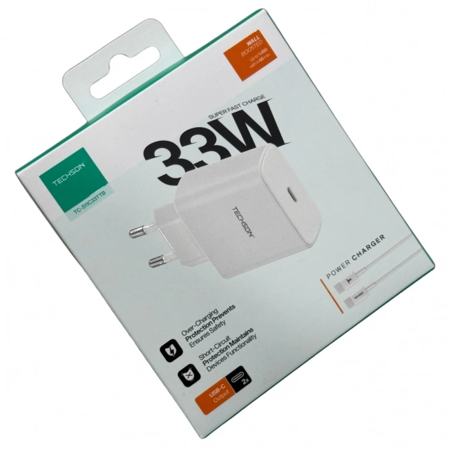 TECHSON 33W Type-C Adaptör + Kablo Şarj Cihazı Beyaz S11C33TTB