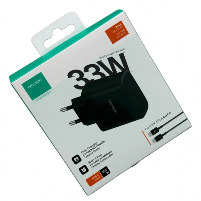 TECHSON 33W Type-C Adaptör + Kablo Şarj Cihazı Siyah S11C33TTS