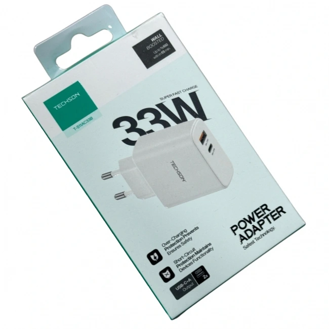 TECHSON 33W Type-C + USB Hızlı Şarj Adaptörü Şarj Başlığı Beyaz S11AC33B