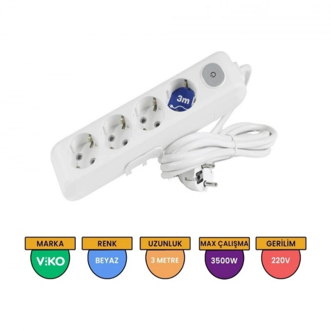 Viko Multi-Let Dörtlü Grup Priz Anahtarlı Topraklı Kablolu Çocuk Korumalı 3 Mt
