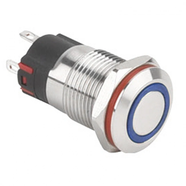 WD12A-P1Z-E 12mm Düz Anahtarlı Işıklı Metal Buton - Mavi