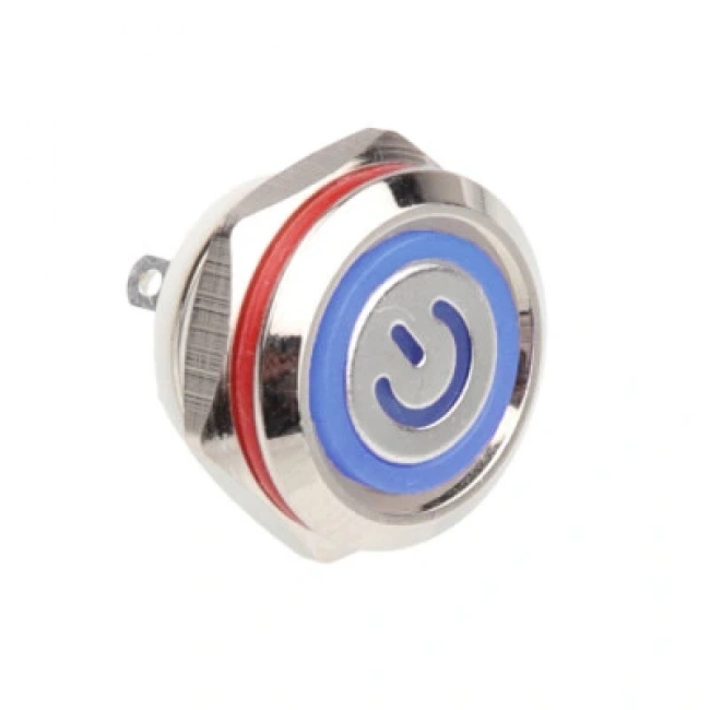 WD12C1-Pin-P1-EC 12mm Düz Yaylı Işıklı Metal Buton - Mavi