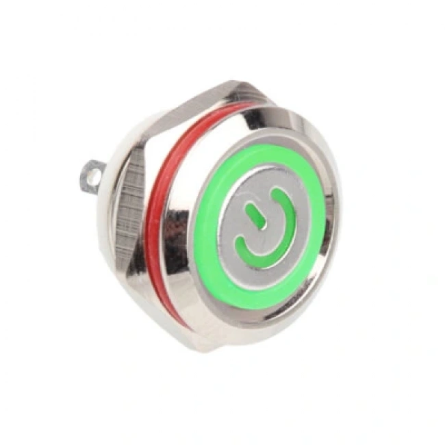 WD12C1-Pin-P1-EC 12mm Düz Yaylı Işıklı Metal Buton - Yeşil