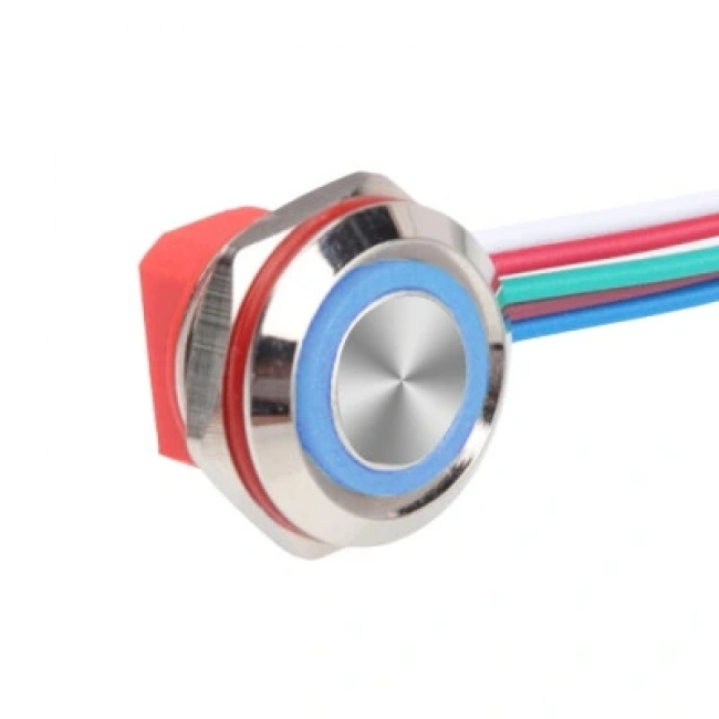 WD12C1-Wired-P1-E 12mm Düz Yaylı Mavi Işıklı Metal Buton - Kablolu