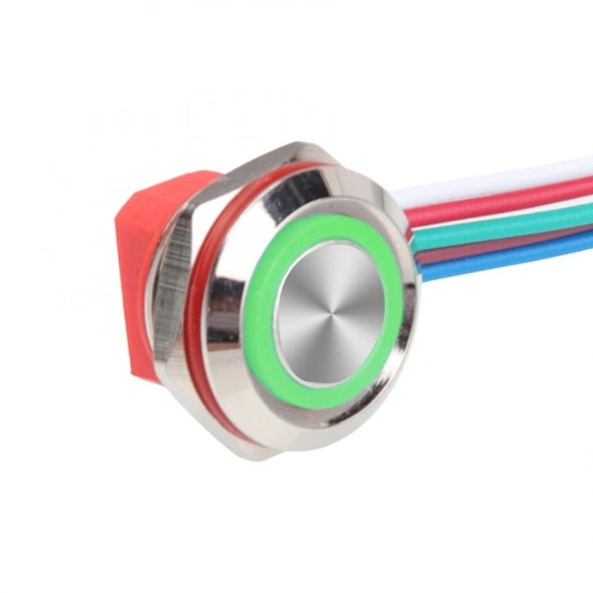 WD12C1-Wired-P1-E 12mm Düz Yaylı Yeşil Işıklı Metal Buton - Kablolu