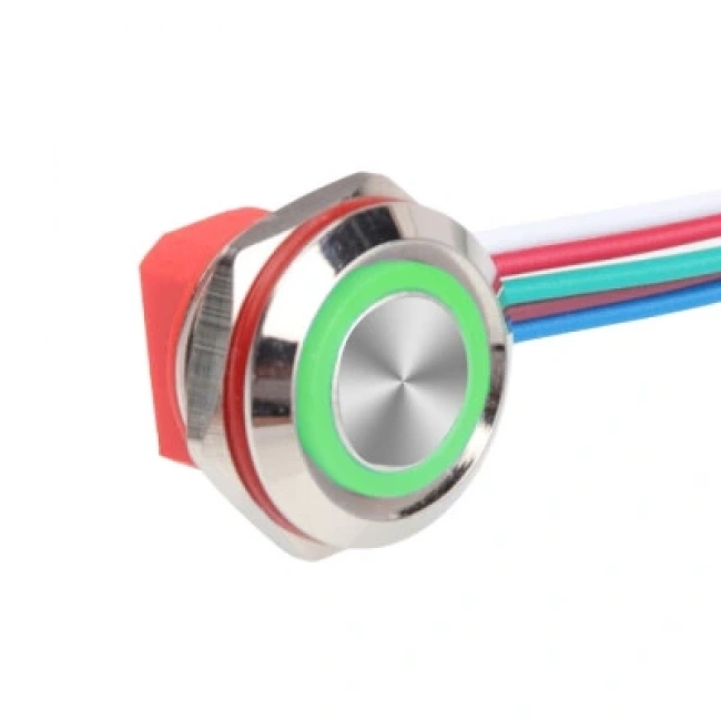 WD12C1-Wired-P1-E 12mm Düz Yaylı Yeşil Işıklı Metal Buton - Kablolu
