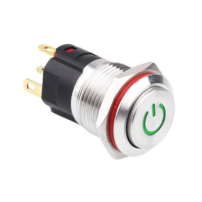 WD16A-G1-C 16mm Çıkık Yaylı Işıklı Power Metal Buton - Yeşil