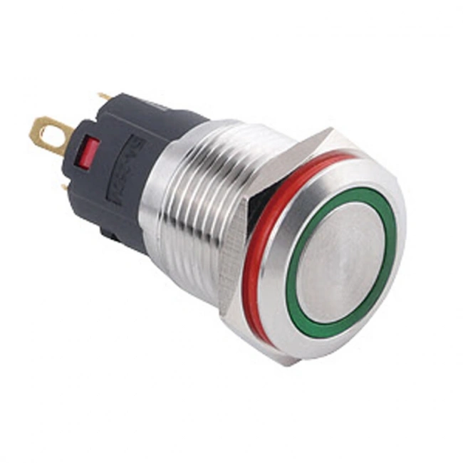 WD16A-P1-E 16mm Düz Yaylı Işıklı Metal Buton - Yeşil