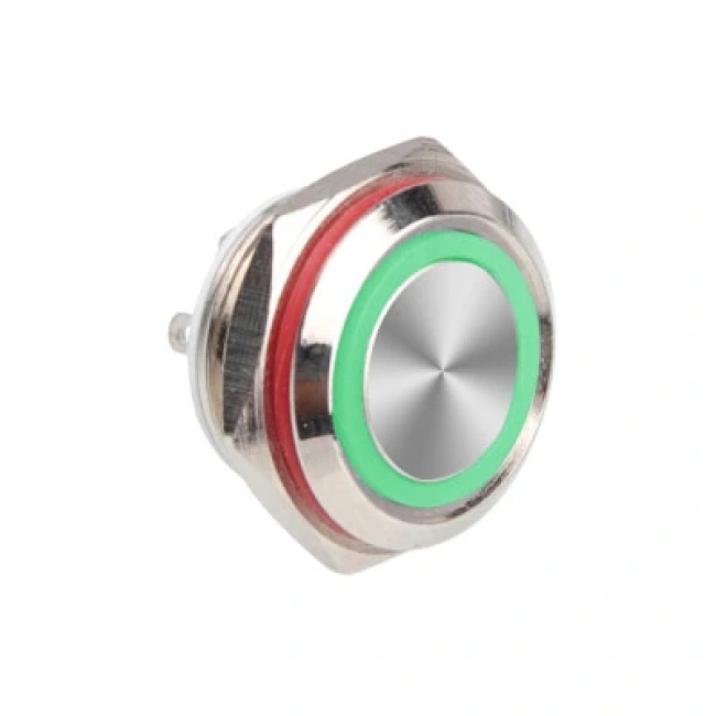 WD16C1-Pin-P1-E 16mm Düz Yaylı Işıklı Metal Buton - Yeşil