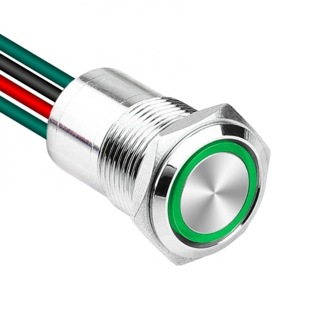 WD16D1-P2-E 16mm Düz Yaylı Işıklı Kablolu Metal Buton - Yeşil
