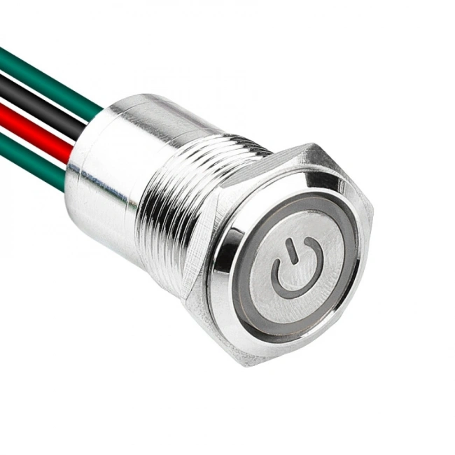 WD16D1-P2-EC 16mm Düz Yaylı Işıklı Power Kablolu Metal Buton - Beyaz