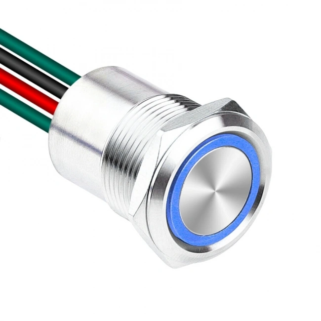 WD19D1-P2-E 19mm Flat Spring Illuminated Metal Button with Cable - Blue