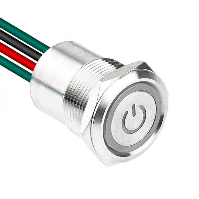 WD19D1-P2-EC 19mm Düz Yaylı Işıklı Power Kablolu Metal Buton - Beyaz