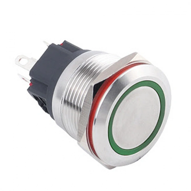 WD22B-P1-E 22mm Düz Yaylı Işıklı Metal Buton - Yeşil