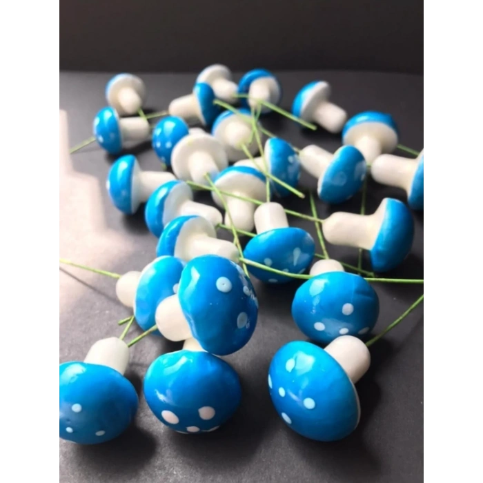 Mavi Beyaz Mantar Teraryum Minyatür Süsleme (50 ADET)