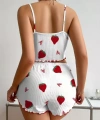 Kadın Ekru Pamuklu Çilek Desenli Şortlu Pijama Takımı