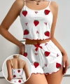 Kadın Ekru Pamuklu Çilek Desenli Şortlu Pijama Takımı
