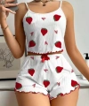 Kadın Ekru Pamuklu Çilek Desenli Şortlu Pijama Takımı