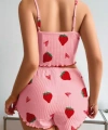 Kadın Pembe Pamuklu Çilek Desenli Şortlu Pijama Takımı