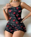 Kadın Siyah Öpücük Desenli Şortlu Pijama Takımı