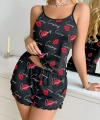 Kadın Siyah Öpücük Desenli Şortlu Pijama Takımı
