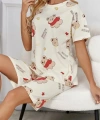 Krem Pamuklu Ayıcık Baskılı Şortlu Pijama Takımı