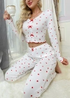 Beyaz Uzun Kollu Pamuklu Kalpli Fiyonklu Pijama Takım