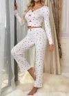 Beyaz Uzun Kollu Pamuklu Kalpli Fiyonklu Pijama Takım
