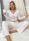 Beyaz Uzun Kollu Pamuklu Kalpli Fiyonklu Pijama Takım