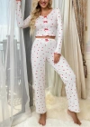 Beyaz Uzun Kollu Pamuklu Kalpli Fiyonklu Pijama Takım
