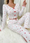 Beyaz Uzun Kollu Pamuklu Kalpli Fiyonklu Pijama Takım