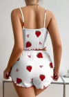 Kadın Ekru Pamuklu Çilek Desenli Şortlu Pijama Takımı