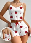 Kadın Ekru Pamuklu Çilek Desenli Şortlu Pijama Takımı