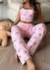 Kadın Pembe Kısa Kollu Fiyonk Detaylı Pijama Takımı