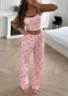 Kadın Pembe Kısa Kollu Fiyonk Detaylı Pijama Takımı