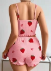 Kadın Pembe Pamuklu Çilek Desenli Şortlu Pijama Takımı