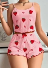 Kadın Pembe Pamuklu Çilek Desenli Şortlu Pijama Takımı