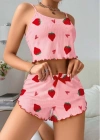 Kadın Pembe Pamuklu Çilek Desenli Şortlu Pijama Takımı