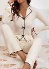 Kadın Şık Krem Fiyonk Detaylı Yumuşak Pamuklu Pijama Takımı