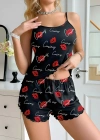 Kadın Siyah Öpücük Desenli Şortlu Pijama Takımı