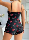 Kadın Siyah Öpücük Desenli Şortlu Pijama Takımı