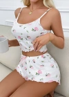 Kadın Süt Beyaz Gül Desenli Şortlu Pijama Takımı