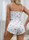 Kadın Süt Beyaz Gül Desenli Şortlu Pijama Takımı