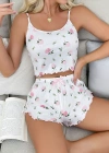 Kadın Süt Beyaz Gül Desenli Şortlu Pijama Takımı