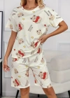 Krem Pamuklu Ayıcık Baskılı Şortlu Pijama Takımı