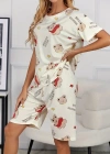 Krem Pamuklu Ayıcık Baskılı Şortlu Pijama Takımı